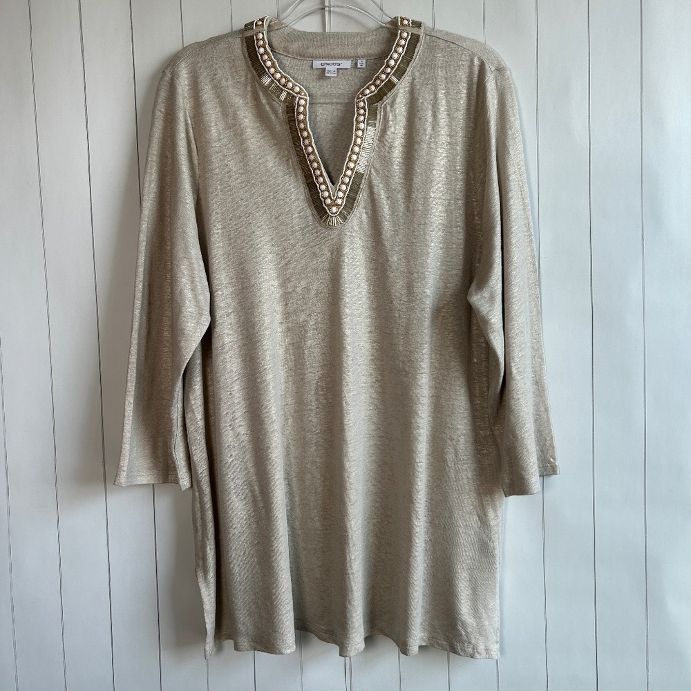 Chicos size 3 /XL tunic 100% linen embellished beaded v-neck tan gold shimmer